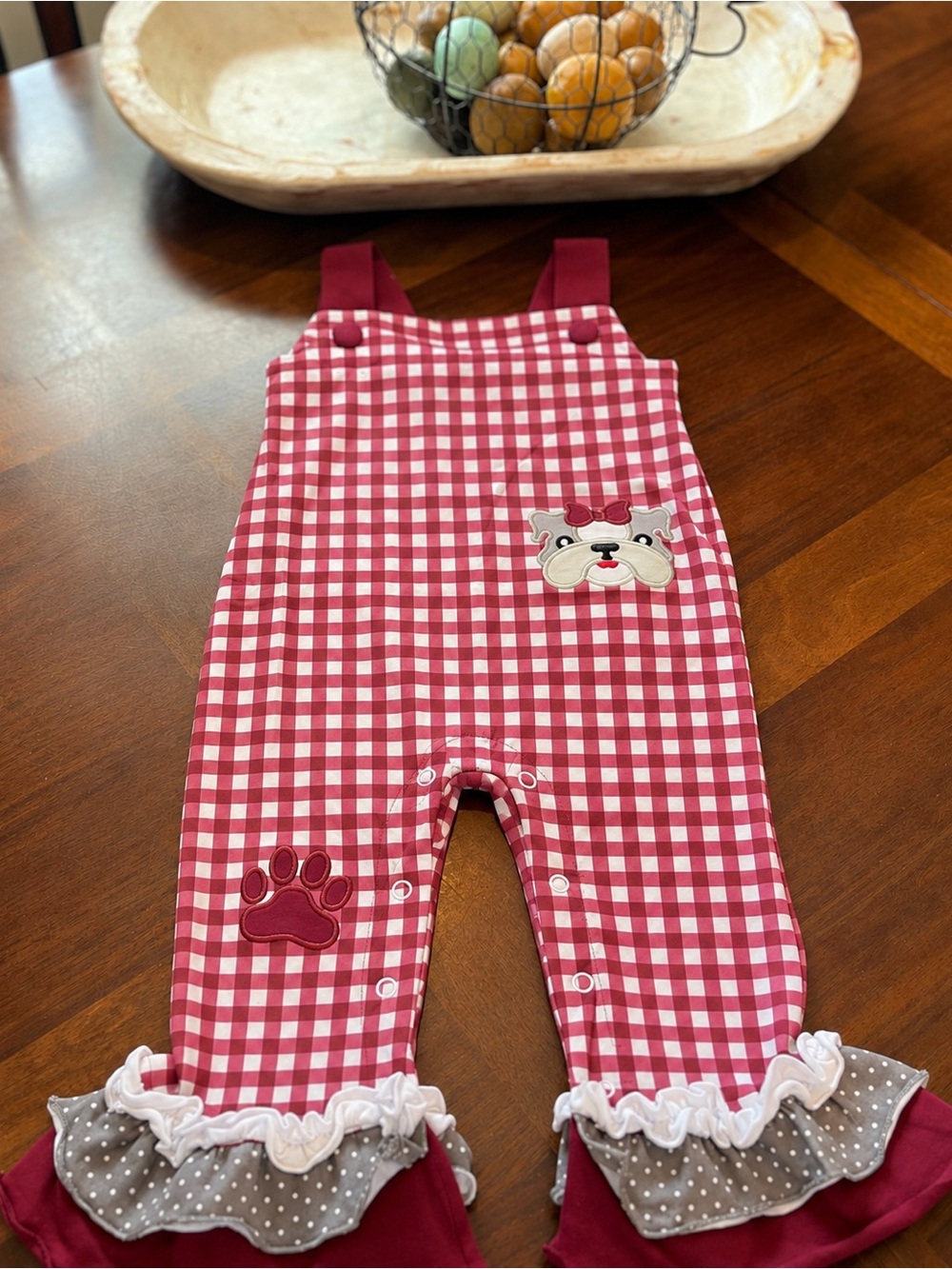 Kids Maroon Gingham One-Piece Overalls with Puppy Applique 12 months